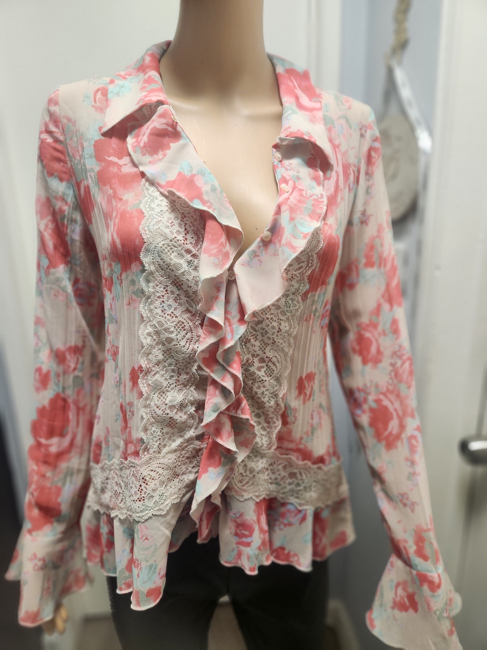 Free People Floral Ruffle Lace-Trim Blouse - Pink